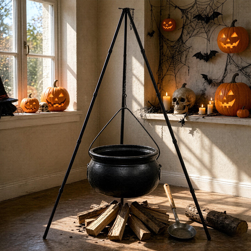 Halloween Black Witches Cauldron with Skeletons on Tripod – Outdoor Horror House Scary Prop, Home Halloween Decoration