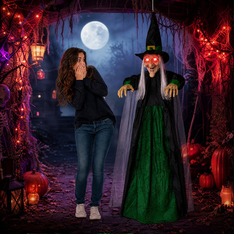 Life Size Talking Witch Decoration – Purple Animatronic Voice-Controlled Glowing Screaming Witch, Halloween Outdoor Spooky Prop