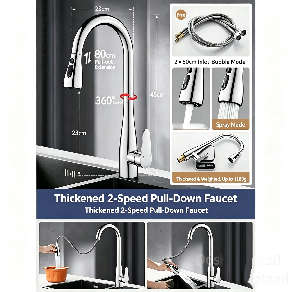 Kitchen Sink Faucet with Pull-Out Sprayer, Extendable Hot &amp; Cold Mixer Tap, 360&deg; Swivel