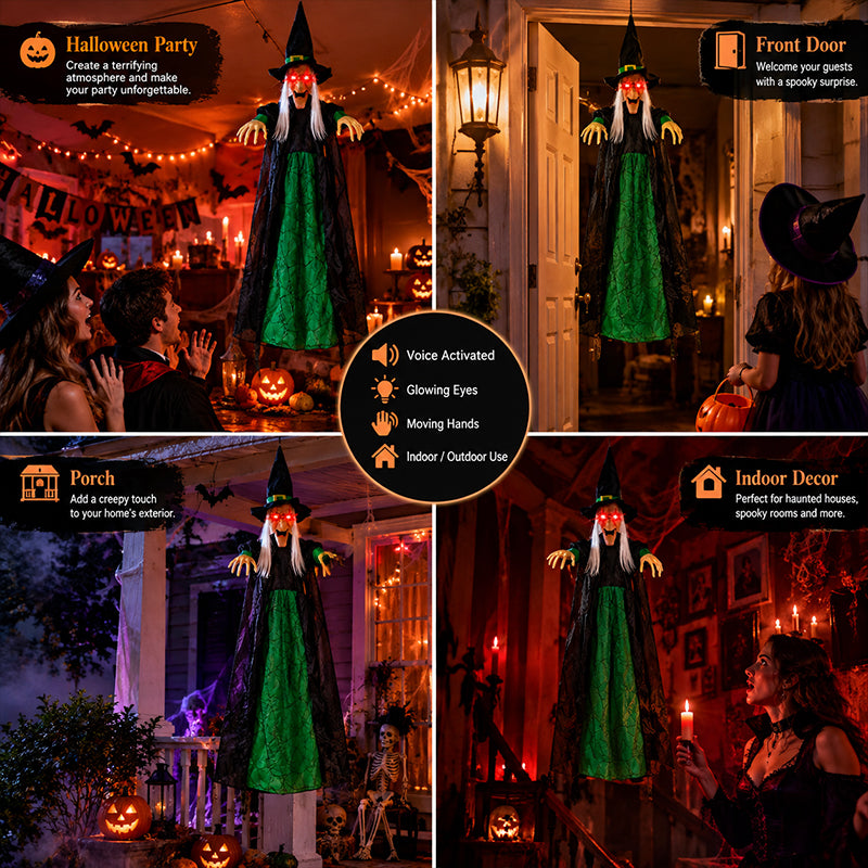 Life Size Talking Witch Decoration – Purple Animatronic Voice-Controlled Glowing Screaming Witch, Halloween Outdoor Spooky Prop