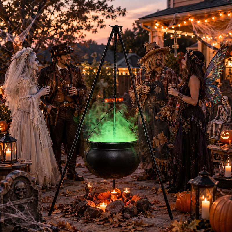 Halloween Black Witches Cauldron with Skeletons on Tripod – Outdoor Horror House Scary Prop, Home Halloween Decoration