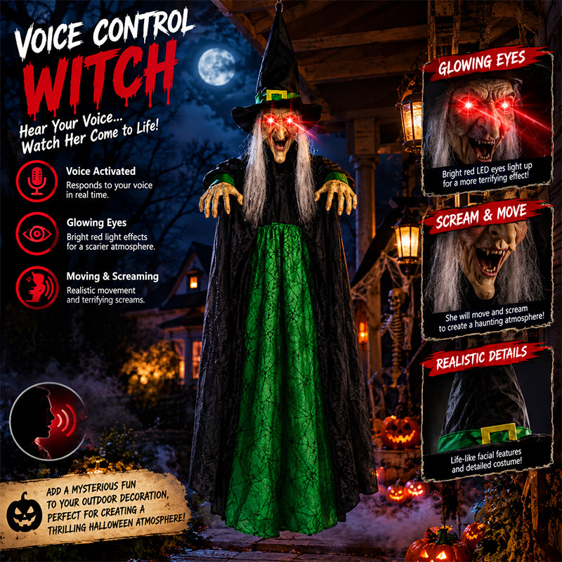 Life Size Talking Witch Decoration – Purple Animatronic Voice-Controlled Glowing Screaming Witch, Halloween Outdoor Spooky Prop