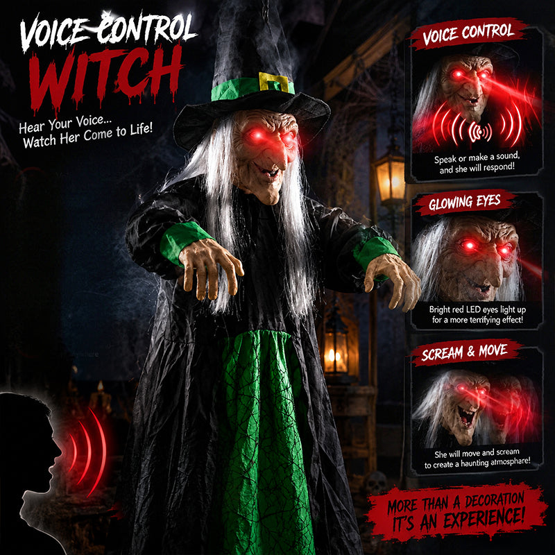 Life Size Talking Witch Decoration – Purple Animatronic Voice-Controlled Glowing Screaming Witch, Halloween Outdoor Spooky Prop