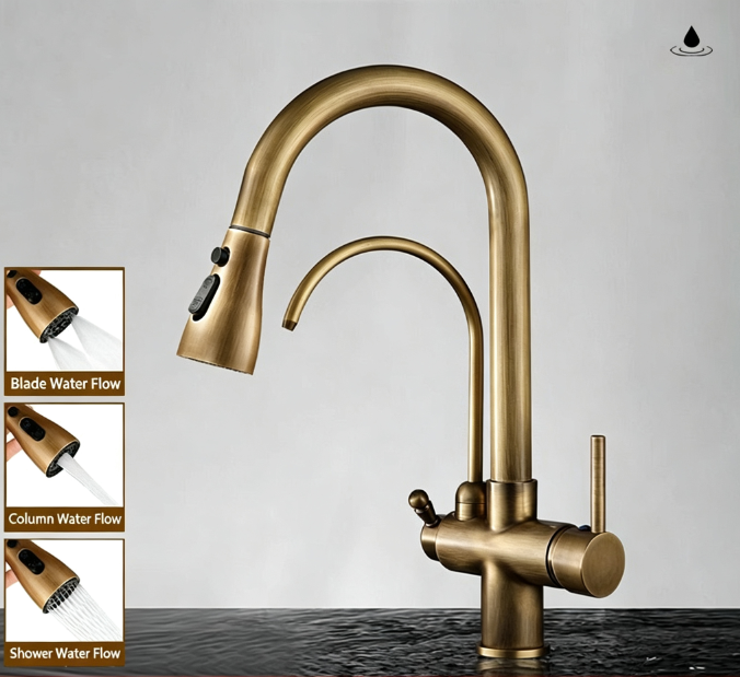 Antique brass three in one pure water direct drinking faucet, kitchen sink, pull-out faucet, hot and cold