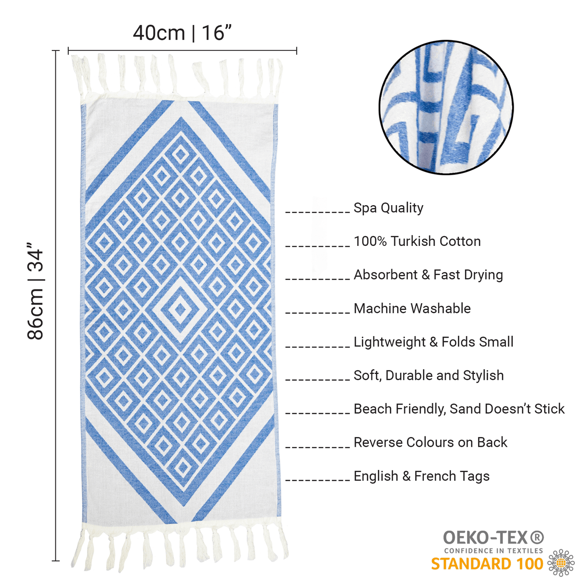 Turkish Hand Towel in Geometric Blue & White
