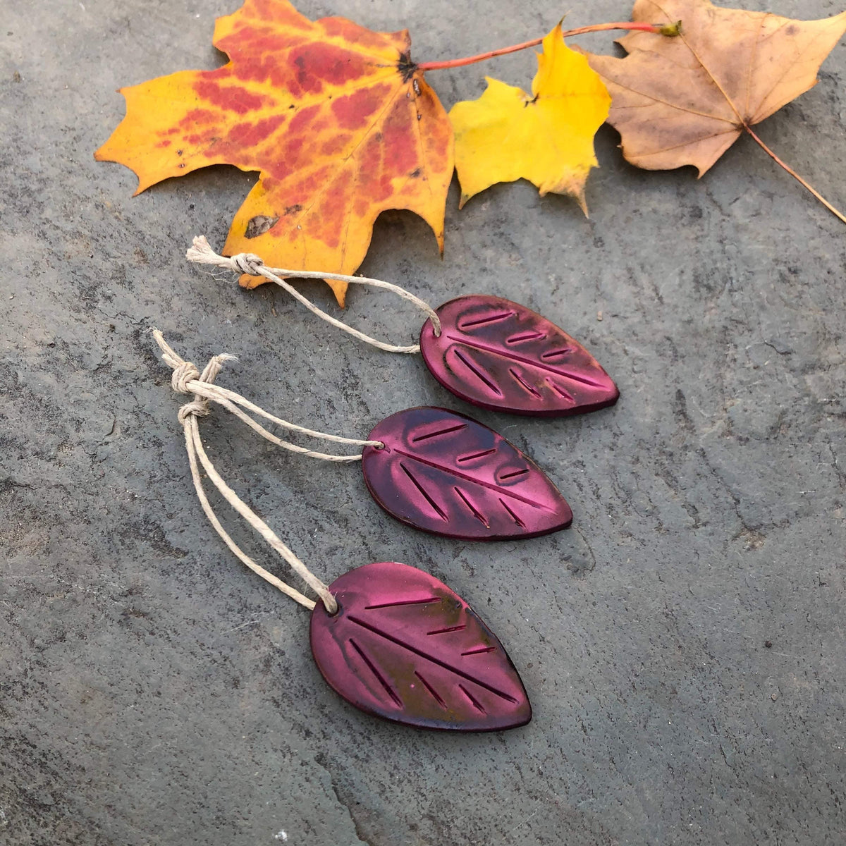 Maroon Leaf Ornaments, Rustic Fall Décor or Christmas Tree Decoration