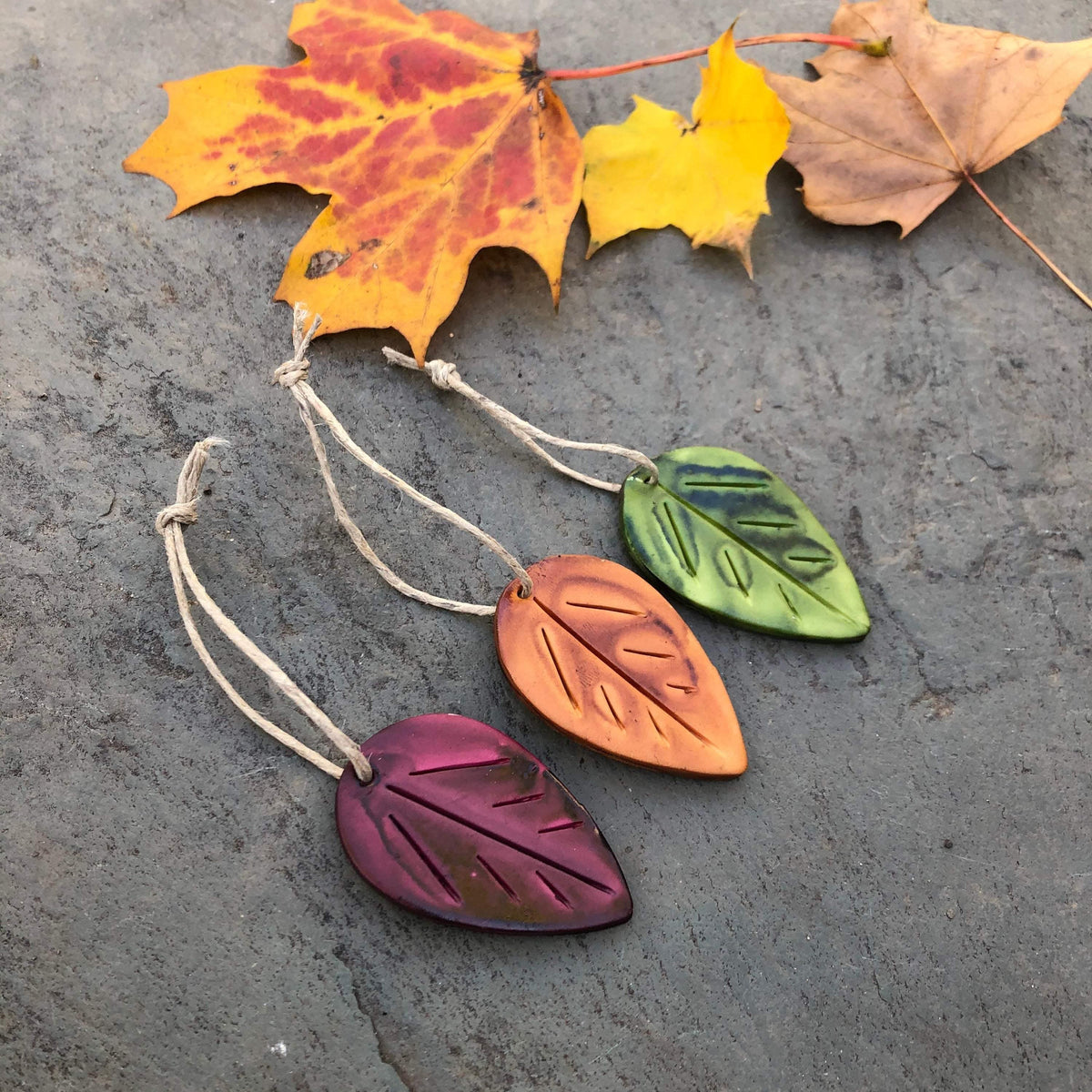 Maroon Leaf Ornaments, Rustic Fall Décor or Christmas Tree Decoration
